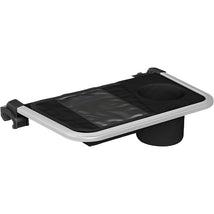 Black Thule organizer with a cup holder and mesh pocket, designed for convenient storage in vehicles.