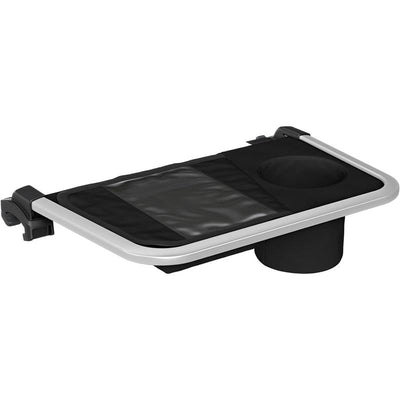 Black Thule organizer with a cup holder and mesh pocket, designed for convenient storage in vehicles.