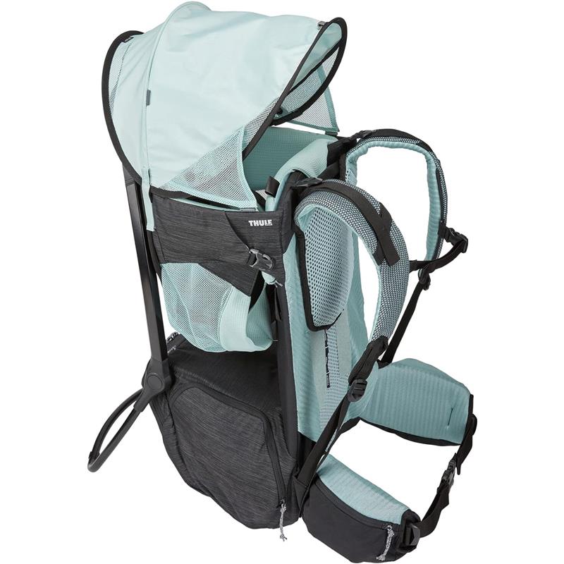 Thule Sapling Child Carrier Backpack in black and light blue with adjustable straps and a protective canopy for children.