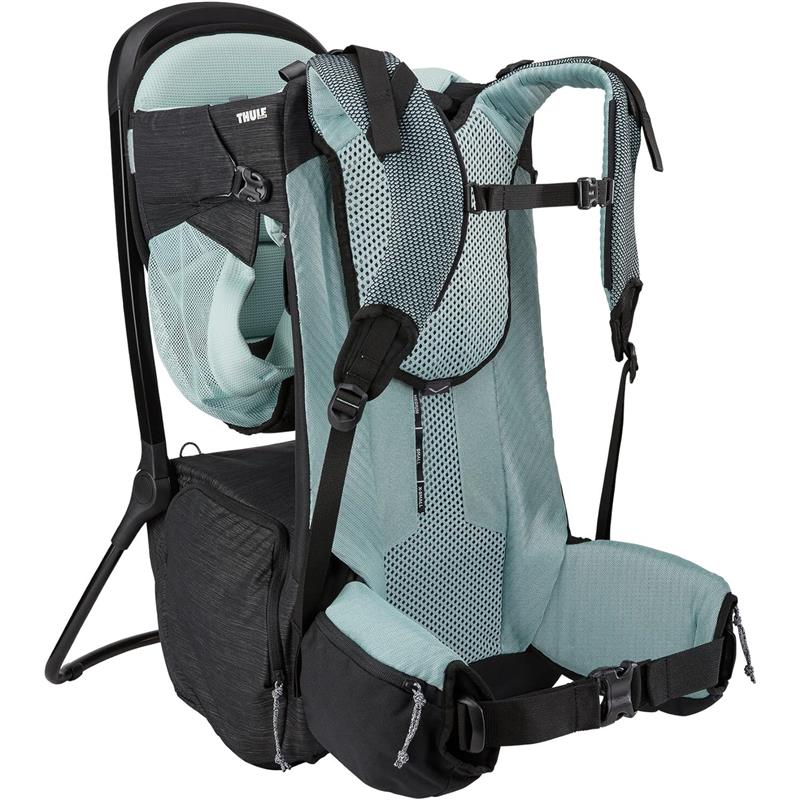Thule Sapling Child Carrier Backpack in black and teal, featuring a mesh back support and padded seating for children.