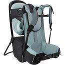 Thule Sapling Child Carrier Backpack in black and teal, featuring a mesh back support and padded seating for children.