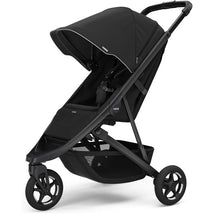 Compact black Thule Spring 2 all-terrain stroller with a large canopy and storage basket, designed for single child use.