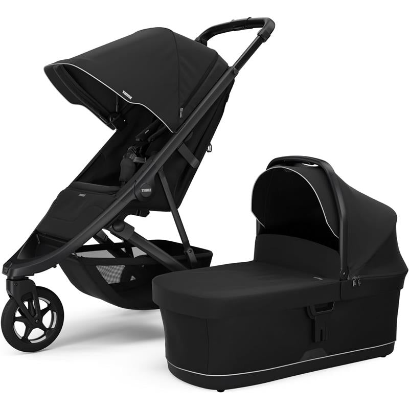 Thule Spring 2 All-Terrain Stroller in Black, featuring a reclining seat and detachable carrycot.
