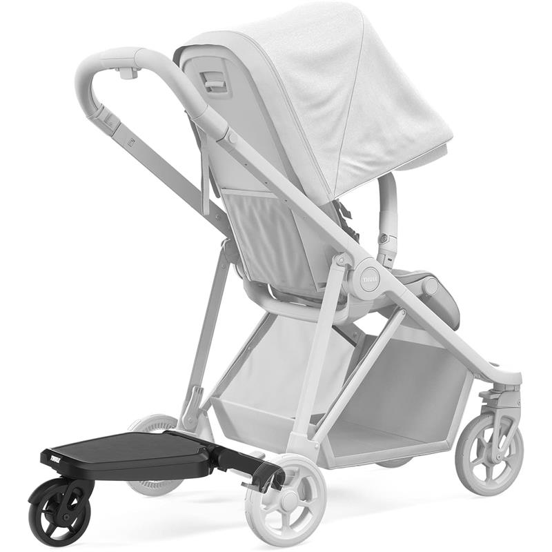 Thule Stroller Rider Board attached to a stroller, featuring a black platform and wheels for an additional child to ride along.