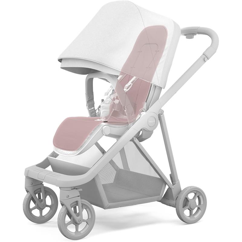 Gray Thule Summer Seat Liner positioned in a stroller, highlighting its cushioned design and compatibility with child safety features.