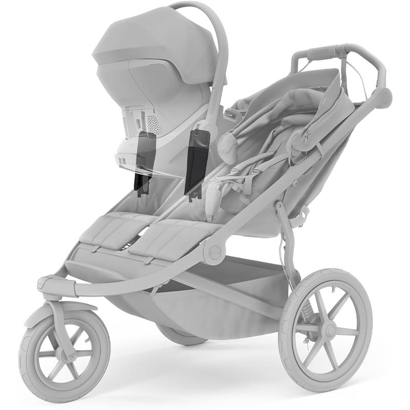 Maxi-Cosi car seat adapter attached to a Thule Urban Glide 3 double stroller, designed for secure seating.