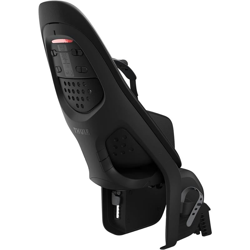 Thule Yepp 2 Maxi Frame Mount in Midnight Black, featuring ergonomic design, safety harness, and ventilation holes.