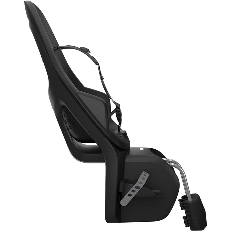 Thule Yepp 2 Maxi Frame Mount child bike seat in Midnight Black, featuring a reclining design and adjustable harness.