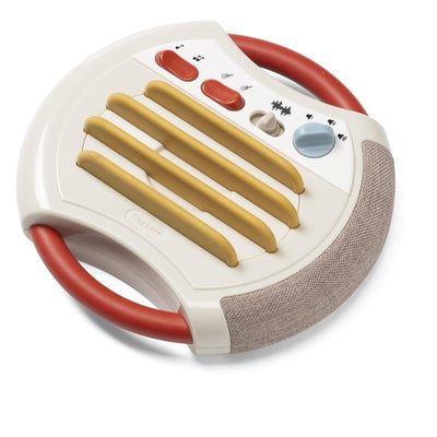 Toy guitar featuring a circular design with yellow keys, red handle, and control buttons for sound effects and volume.