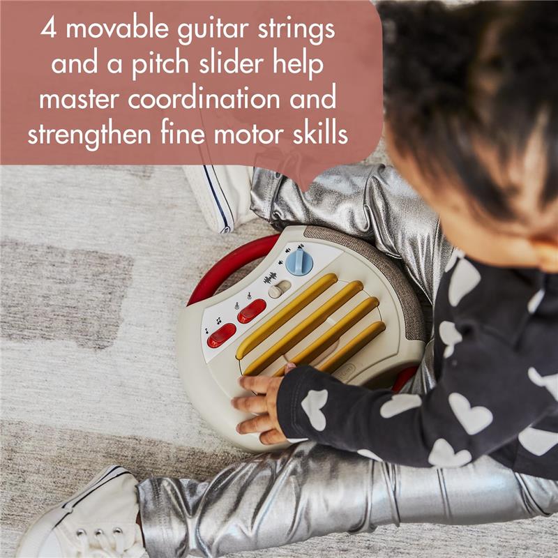 Tiny Love Tiny Rockers Guitar features four movable strings and a pitch slider for enhancing coordination and fine motor skills.