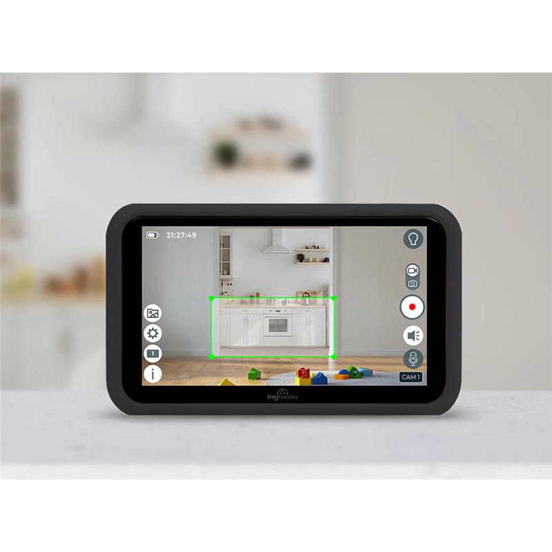 AI Smart Baby Monitor displaying a modern kitchen with interactive features and a green highlighting box around the countertop.