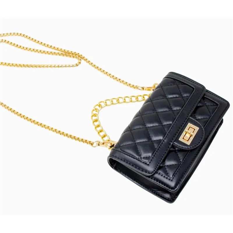 Classic quilted black handbag with a gold chain strap and a front clasp, designed for stylish carrying.