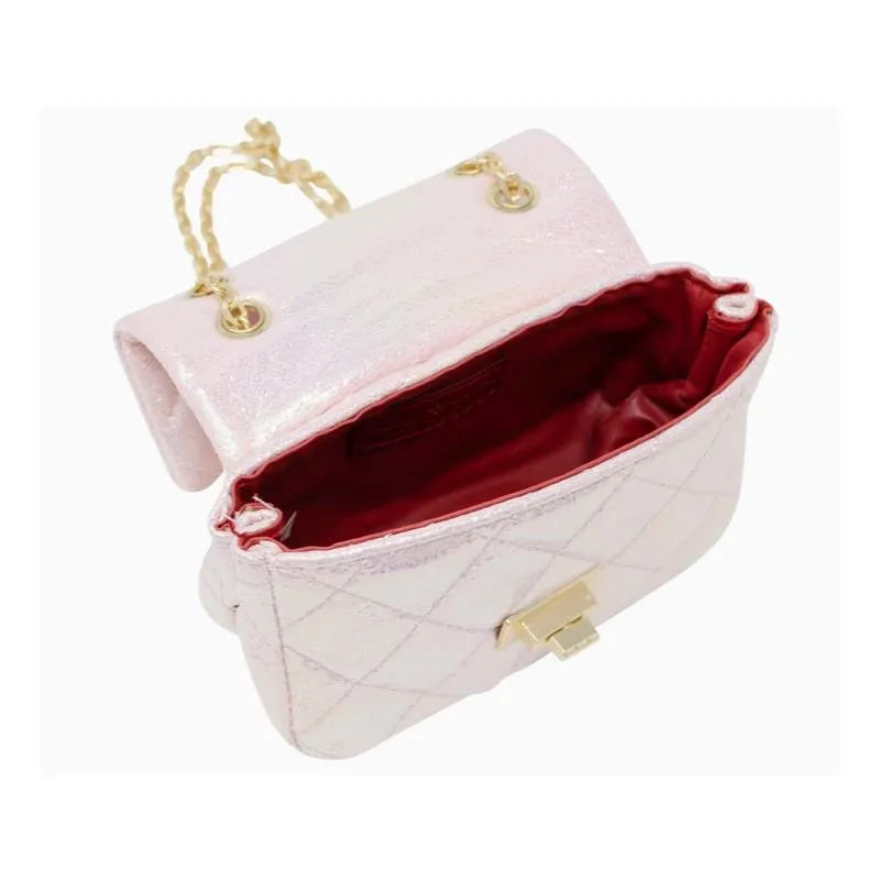 Classic quilted shiny mini bag in pearl with a gold chain strap and a red interior, featuring a front clasp closure.