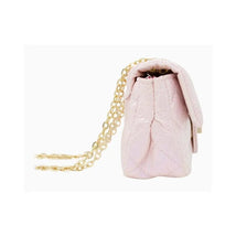 Classic quilted mini bag in shiny purple with a gold chain strap. Ideal for carrying small essentials.