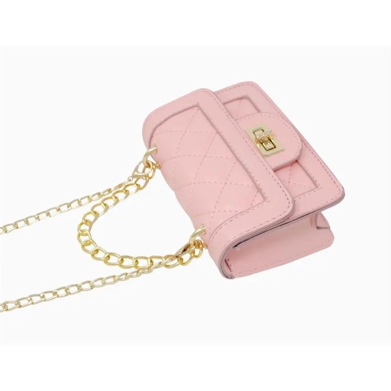 Black mini purse with quilted design, gold chain strap, and clasp closure, designed for stylish carry.