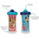 Two Disney Mickey Mouse insulated sippy cups, 9 oz, featuring colorful designs and labeled durability and insulation features.