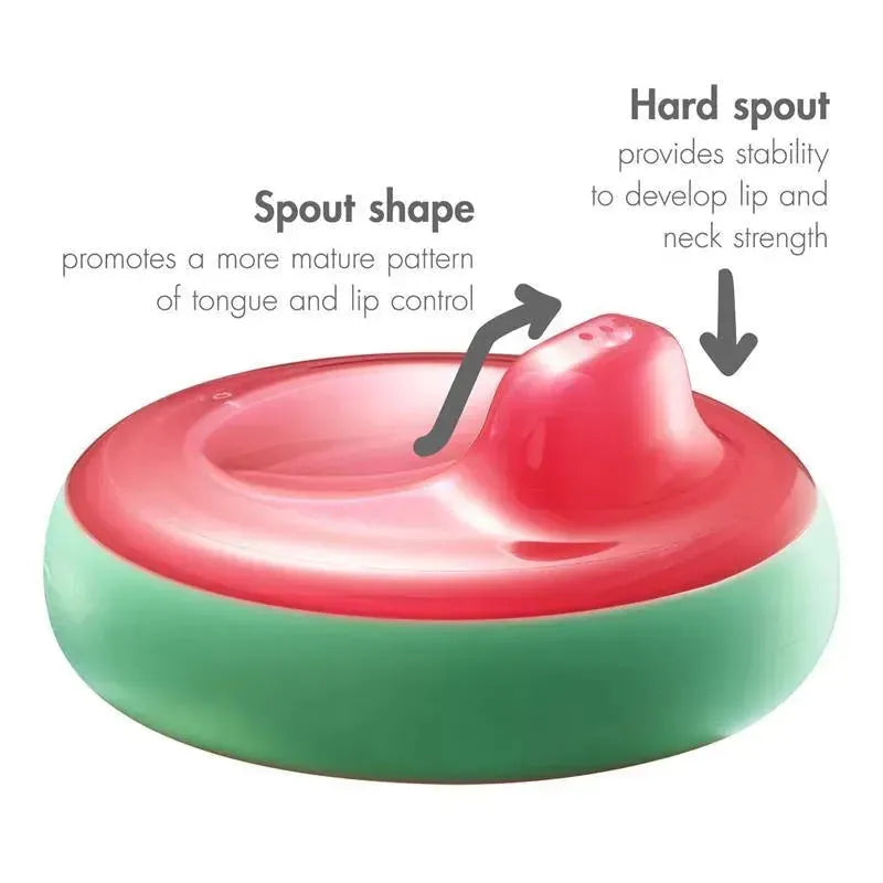 Insulated sippy cup spout with hard design for stability, promoting lip and tongue control, highlighting educational features.