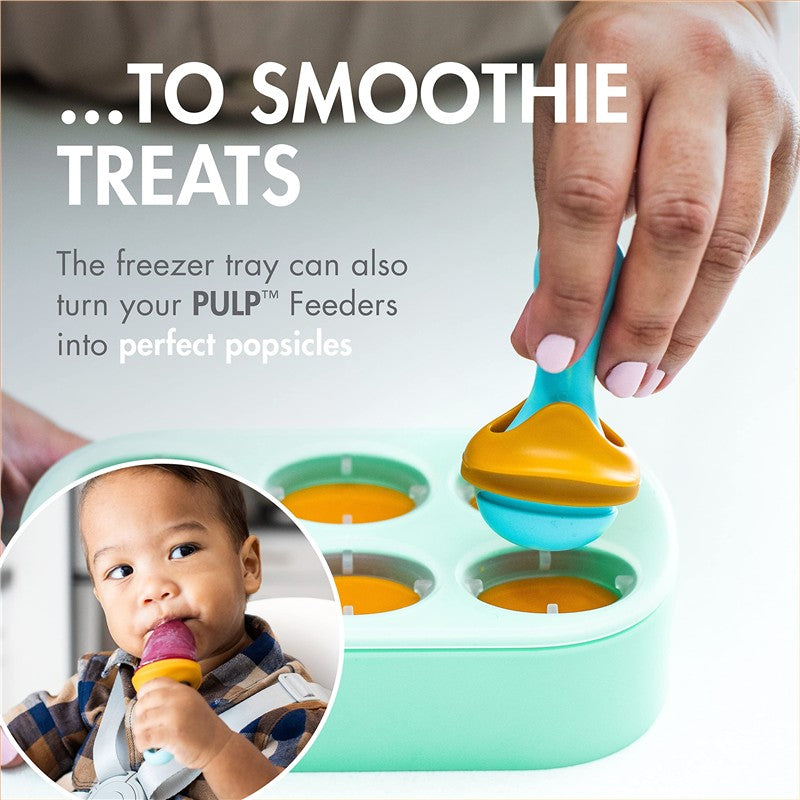 Boon PULP Silicone Feeder & Freezer Tray Set with a hand holding a popsicle feeder and a child enjoying a popsicle.