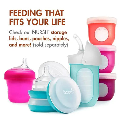 Tomy 3Pk Nursh Bottle Set includes colorful, 8oz bottles with various lids and attachments, designed for convenient feeding.