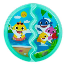 Suction plate featuring Baby Shark characters in a beach scene, designed for toddlers to enjoy mealtime.