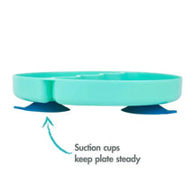 Baby Shark Groovy Suction Plate in light blue with blue suction cups to keep it steady, featuring a curved edge design.