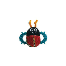 Soft plush rattle featuring a smiling bug design with colorful body and textured, flexible rings for grasping.