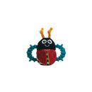 Soft plush rattle featuring a smiling bug design with colorful body and textured, flexible rings for grasping.