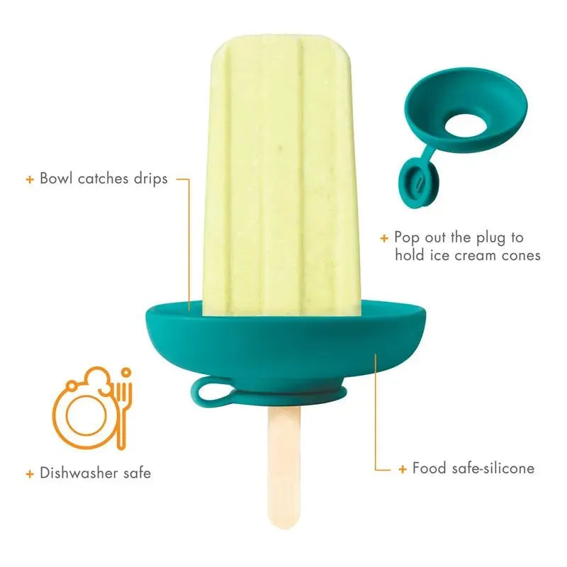 Tomy Boon Drizzle Popsicle Holder in teal with popsicle, drip-catching bowl, and a detachable cone holder. Dishwasher safe.