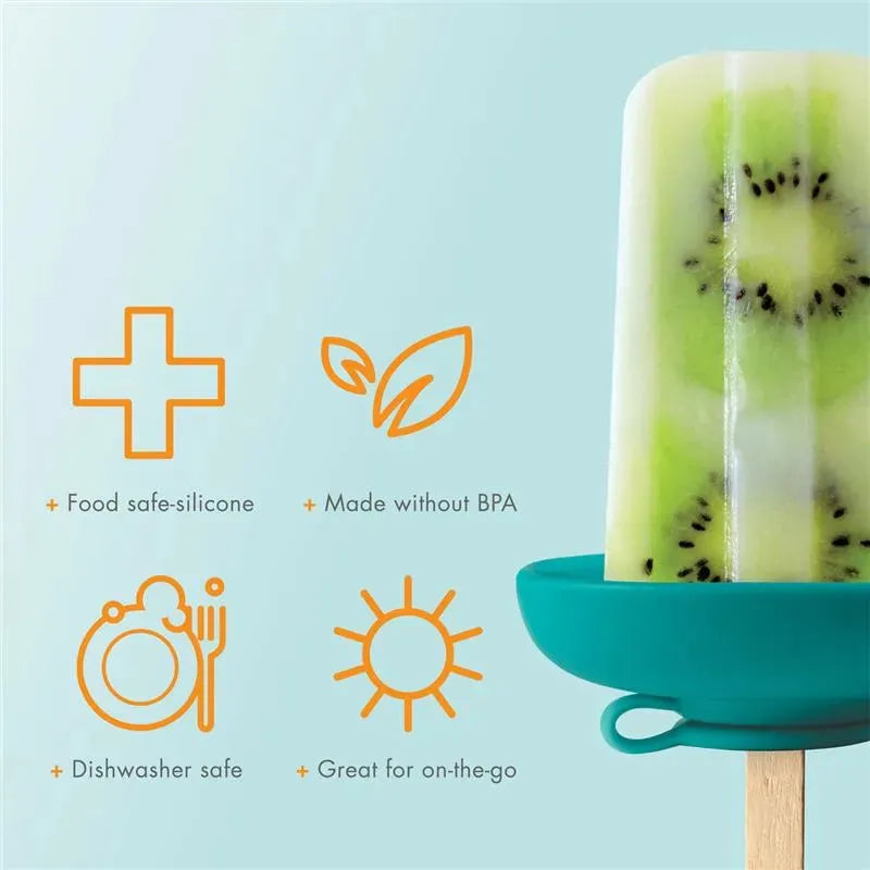 Tomy Boon Drizzle Popsicle Holder in teal, showcasing a popsicle with kiwi and other fruits, features BPA-free, dishwasher-safe silicone.