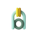 Silicone teether with a looped design, featuring mint green, yellow, and brown colors for baby soothing.