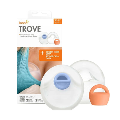 Boon Trove Silicone Manual Breast Pump bundle with two pumps in clear silicone, featuring a storage bag included.