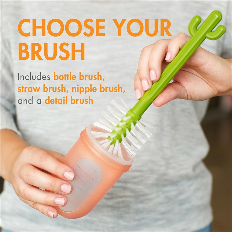 Boon CACTI Bottle Cleaning Brush Set with a green cactus-shaped handle, including bottle, straw, nipple, and detail brushes.