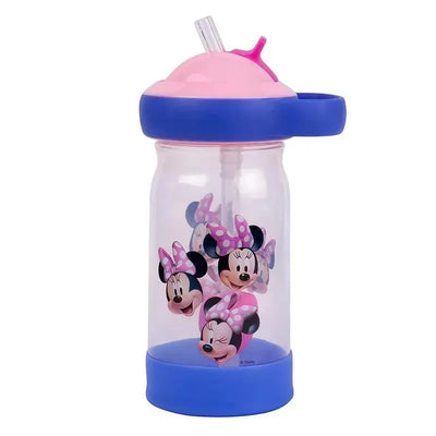 Disney Minnie Sip & See Water Bottle, 12oz, featuring multiple Minnie Mouse designs, pink lid, and blue base.