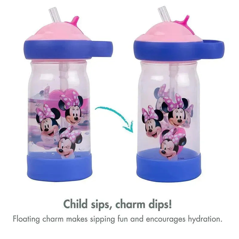 Disney Minnie Sip & See Water Bottle, 12oz, featuring floating charms, pink lid, and blue base, promoting fun hydration for children.