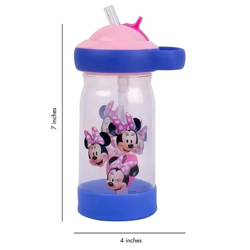 Disney Minnie Sip & See Water Bottle, 12 oz, with pink lid, blue base, and images of Minnie Mouse featuring various expressions.
