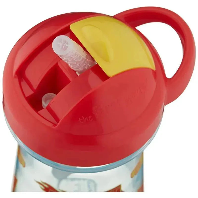 Red Tomy First Years Cars flip top straw cup with a clear body, featuring a yellow flip top and two straws.