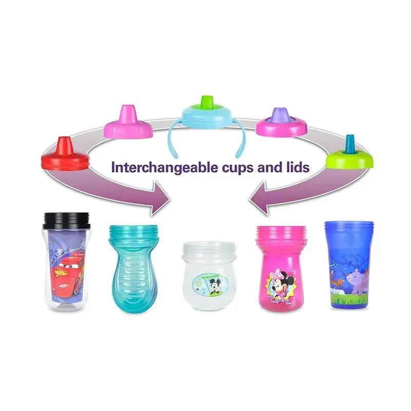 Tomy First Years Cars Flip Top Straw Cup with interchangeable colorful lids and various cup designs, including characters like Mickey Mouse and Minnie Mouse.