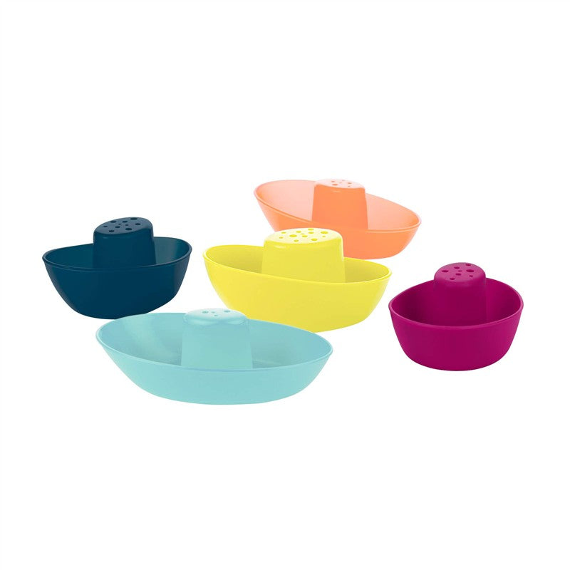 Boon FLEET Stacking Boats in navy, turquoise, yellow, pink, and orange, designed for play and bath time.