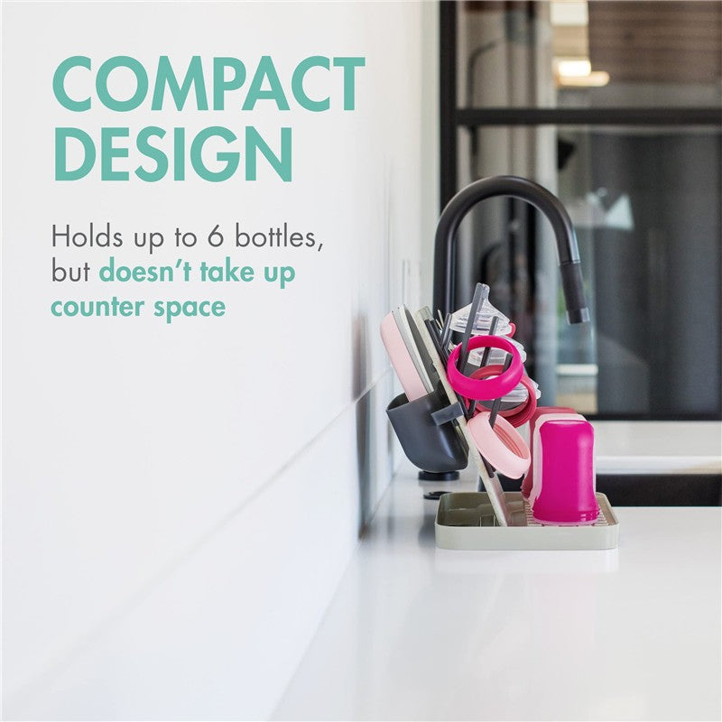Customizable vertical drying rack with space for 6 bottles, featuring a compact design that saves counter space.