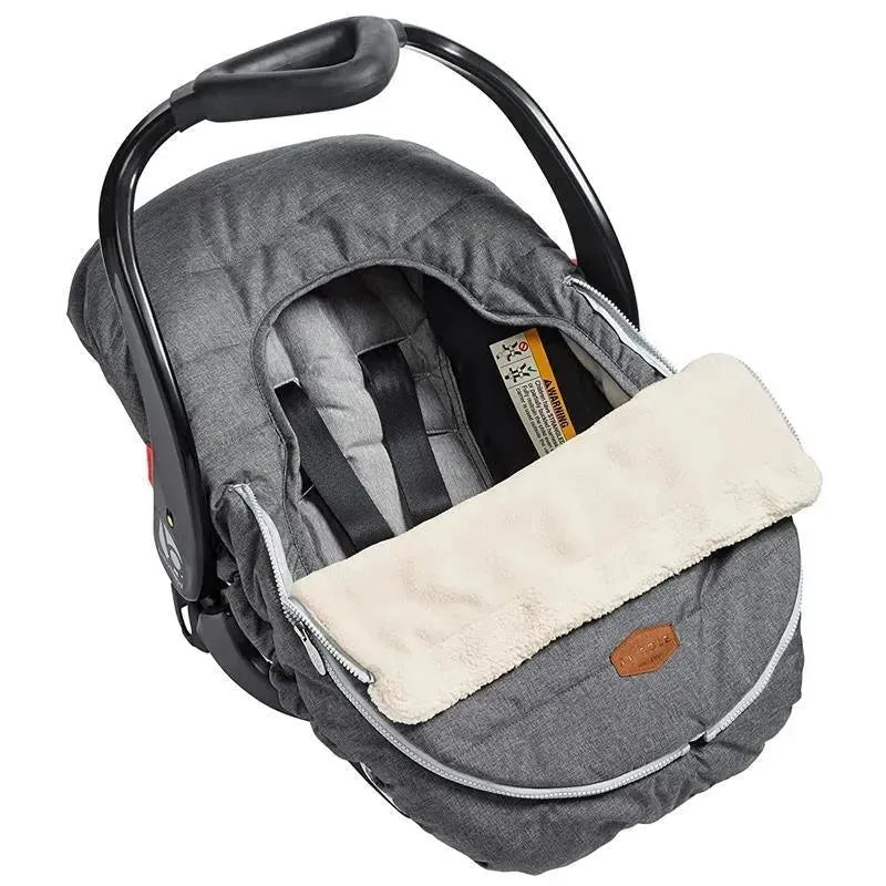 Heather grey infant car seat cover featuring a soft cream fleece flap and adjustable zipper for warmth and protection.