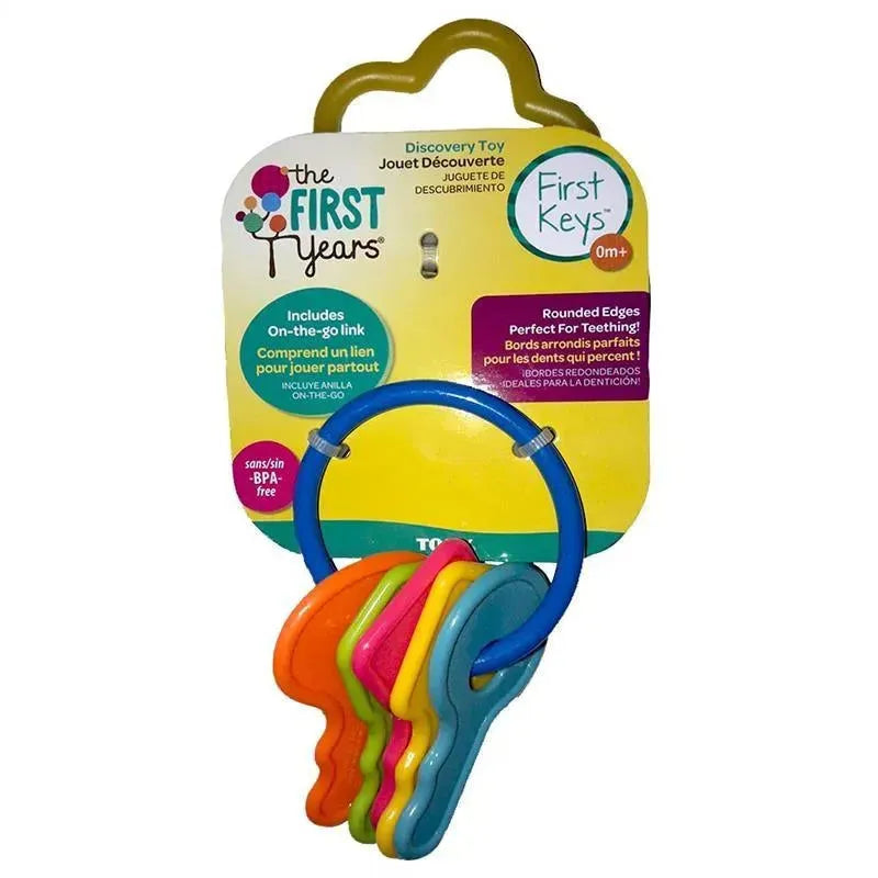 Colorful key-shaped toys on a ring, designed as a teething and discovery toy for infants, displayed on a branded package.