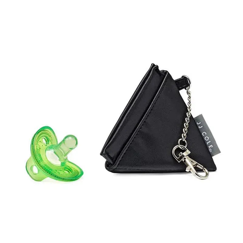 Black triangle-shaped pouch with a clip next to a green pacifier.