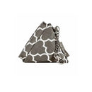 Triangular gray pacifier holder with a white geometric pattern and a chain attachment, designed for easy carrying.