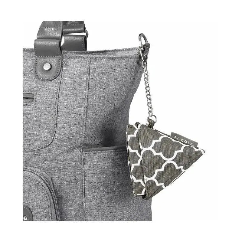 Gray tote bag with a textured finish and a triangular gray and white patterned pouch attached by a chain.
