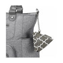 Gray tote bag with a textured finish and a triangular gray and white patterned pouch attached by a chain.