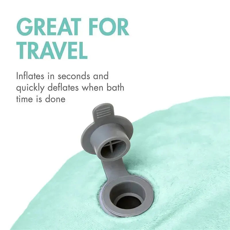 Puff Inflatable Bather by Tomy with air valve highlighted, features text about quick inflation and deflation for travel.