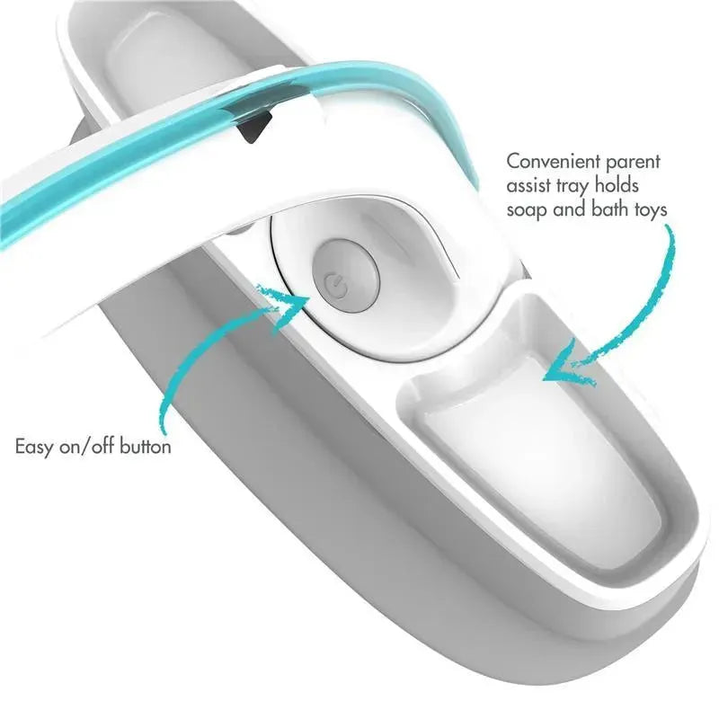 Tomy Rain Shower Spa Bath features an easy on/off button and a parent assist tray for holding soap and bath toys.