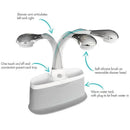 Rain Shower Spa Bath features dual articulating shower heads, a silicone brush, warm water tank, and one-touch controls.