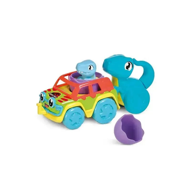 Colorful toy car with a blue dinosaur driver, features a purple egg, and playful design for children.
