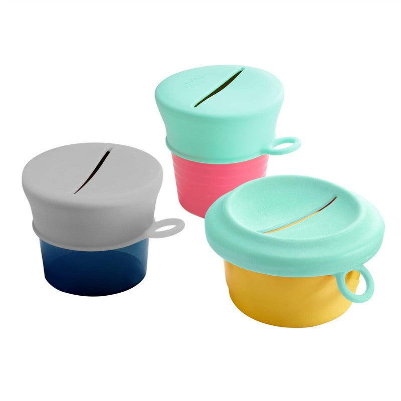 Boon SNUG Snack Silicone Lids 2-Pack in mint, featuring three colorful lids: gray, mint, and yellow, designed for snack containers.